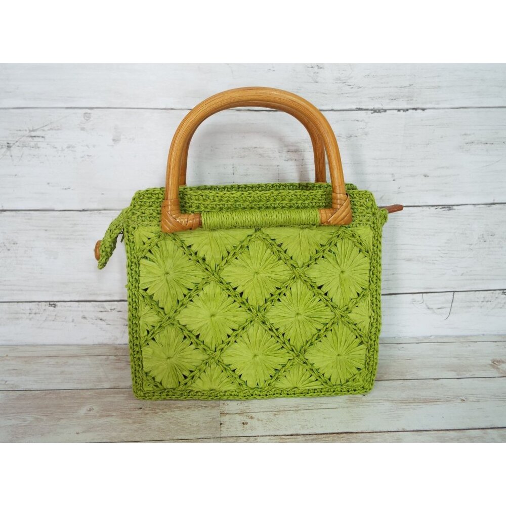 Fossil Green Raffia Straw Bamboo Handle Satchel Bag
